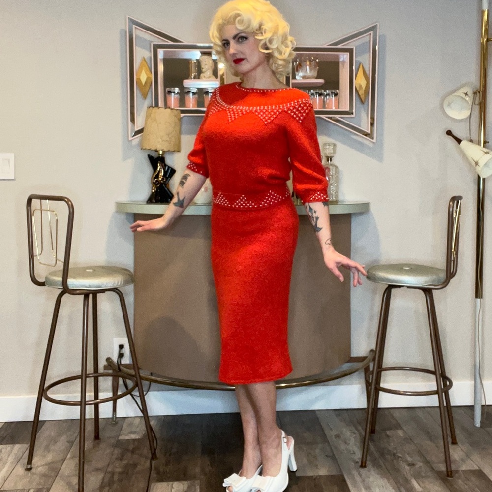 Vintage 1950s Knit Sweater and Skirt Set Valentine Dress